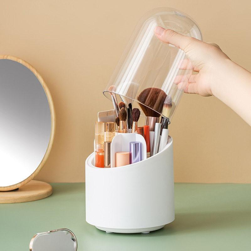 Acrylic Makeup Organizer With Rotating Compartment Lipstick Eyeshadow Brushes Storage Transparent Minimalist Cosmetic Holder