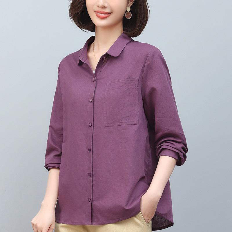 Plus Size Cotton Linen Long Sleeve Shirt for Middle-Aged Women - 2024 Spring & Autumn Fashion Mother's Top