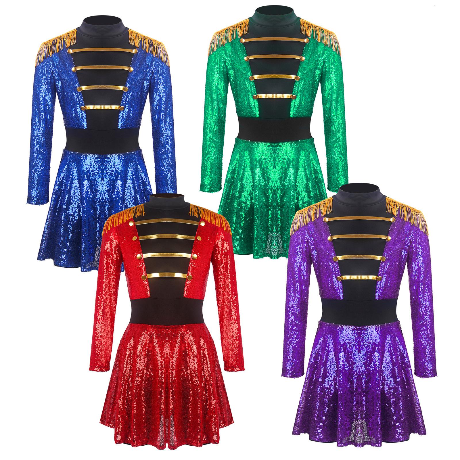 Sequin clothing long-sleeved jumpsuit fringed circus head skirt cos clothing wholesale S красный
