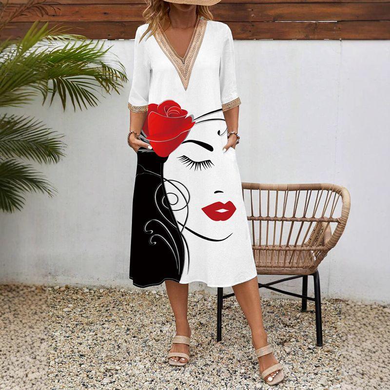 

2025 Spring/Summer New Arrival Plus Size Women s Clothing 3D Print Dress Short Sleeve Lace V-neck Loose Large Hem Midi Dress 20258207-21 S