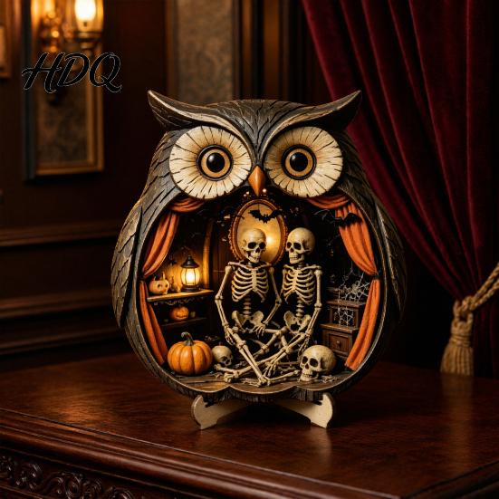 Cozy Halloween Scene Decor Wooden Owl Tabletop Centerpiece 2D Flat Pumpkin Ghost