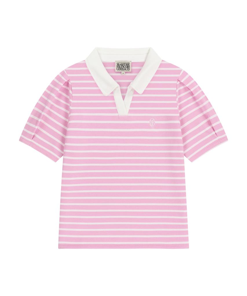 Malittepeulangsowajeobeo W Collar Stripe Half Sleeve Crop Sweatshirt Pink