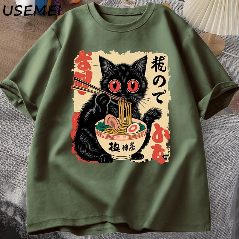 Vintage Japanese Black Cat RaUnisex T Shirts Cute Graphic Tee Funny Cat Eating RaUnisex TShirt Printing Cotton Short Sleeve Vintage