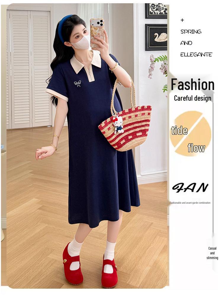 Summer 2026 Maternity Color-Block Zipper Polo Dress - Casual Loose A-Line Mid-Length Skirt