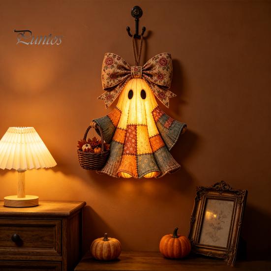 Durable Festival Party Supplies Lighted Vintage Patchwork Ghost Door Hanger, Rustic Farmhouse Figurine, LED Light Up Resin Wall Ornament Halloween