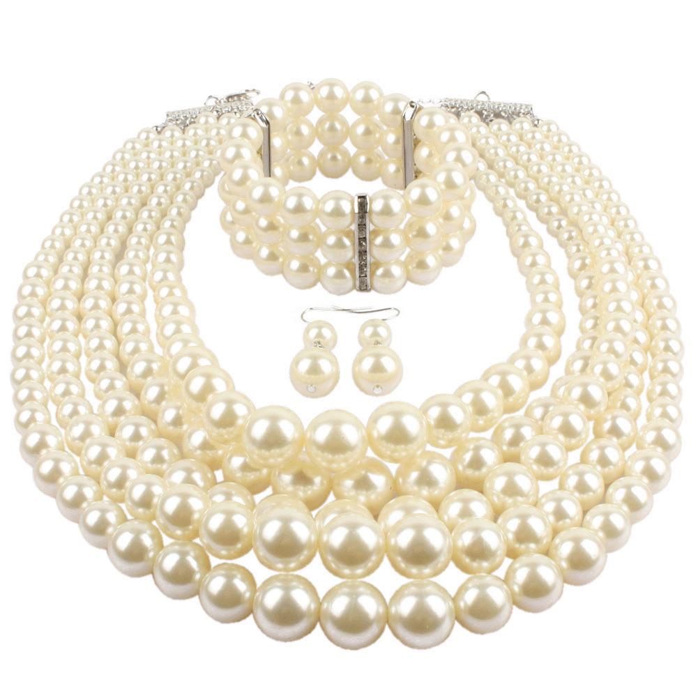 4pcs Trendy Elegant Bridal Zircon Set Imitation Pearl Handmade Beaded Necklace Bracelet Earring Set Women's Party Accessories