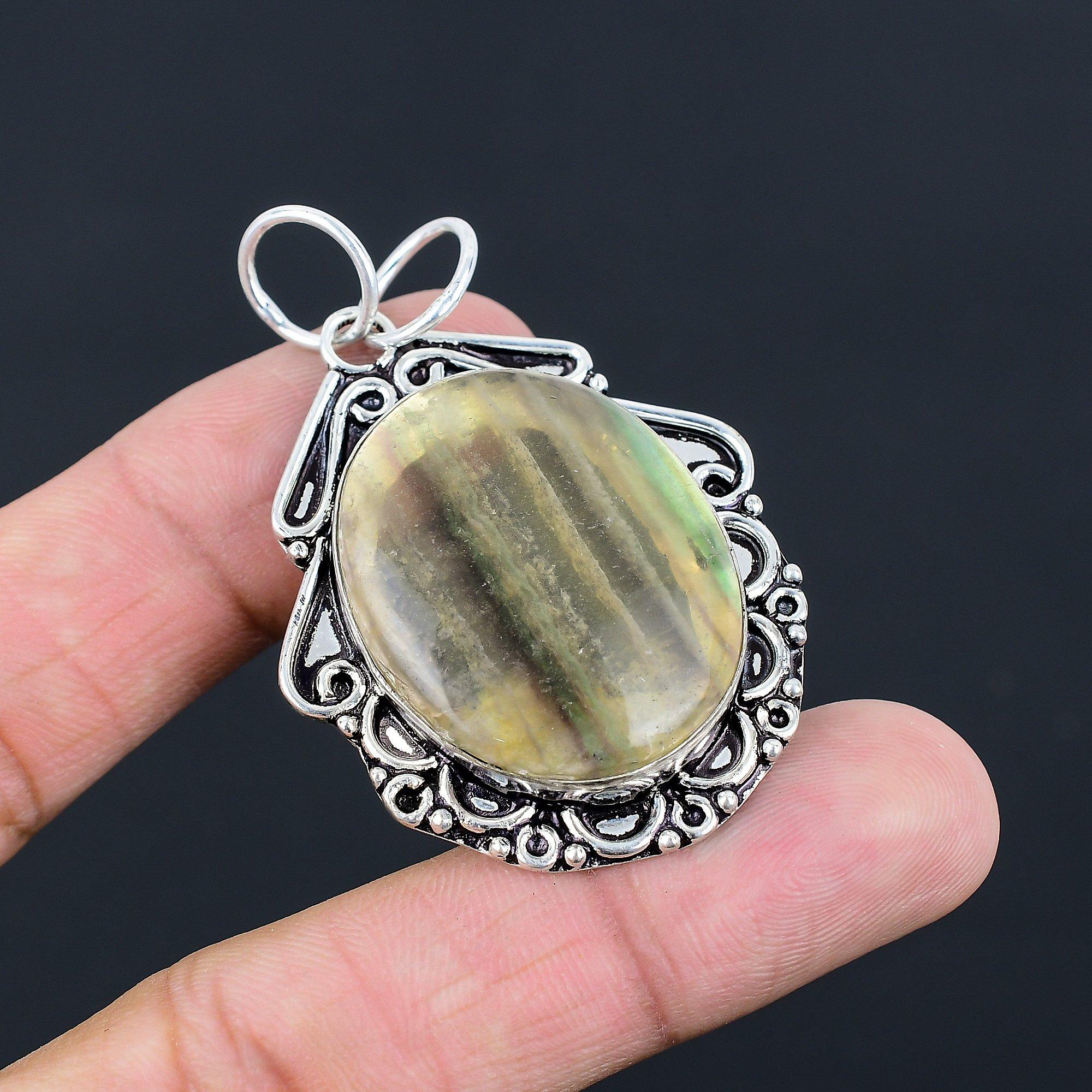 Natural Multi Fluorite Gemstone Jewelry 925 Sterling Silver Pendant For Girls