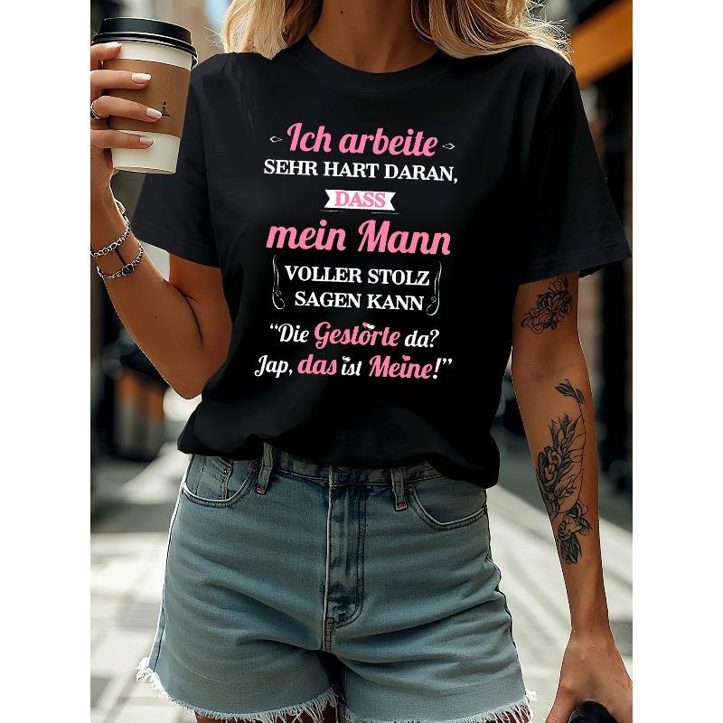 

German Wife Humor Print T - Shirt Women s Spring - Summer Short - Sleeve Crew - Neck Casual T - Shirt, Daily Leisure, Holiday Gift 4XL чорний