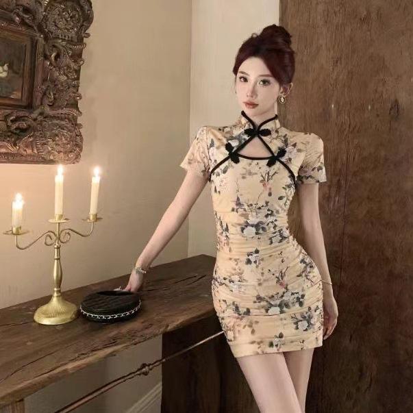 New Sexy Floral Print Qipao Dress: Frog Button, Waist-Cinching, Slim-Fit, Short Pleated Summer Style