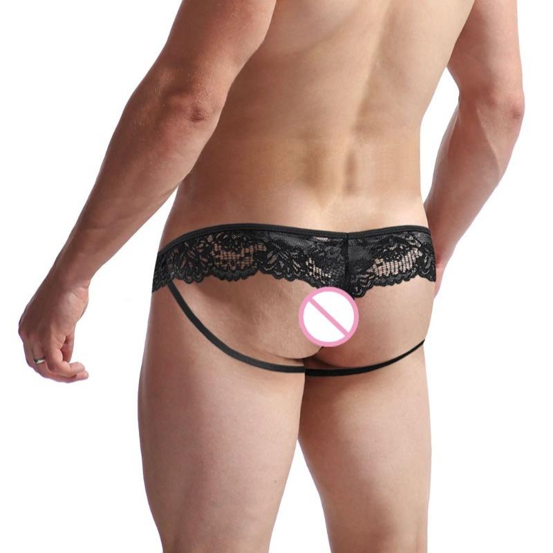 Men'S Lingerie Panties Lace Frilly Sissy Pouch Thong Gay Night Hollow Butt Bikini Briefs T-Back G-String Crossdresser Underwear