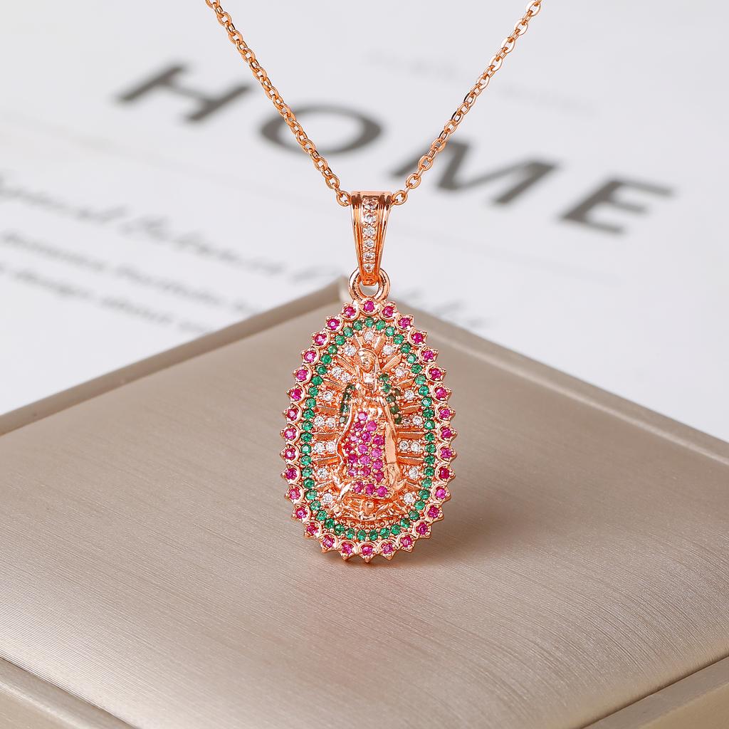 Rhinestone Our Lady of Guadalupe Pendant Necklace Religious Virgin Mary Zircon Choker for Women Catholic Gift Prayer Jewelry