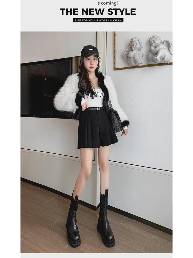 Women's High-Waist Corduroy A-Line Pleated Skirt: Retro, Simple, Versatile, and Anti-Exposure Skirt for Autumn.