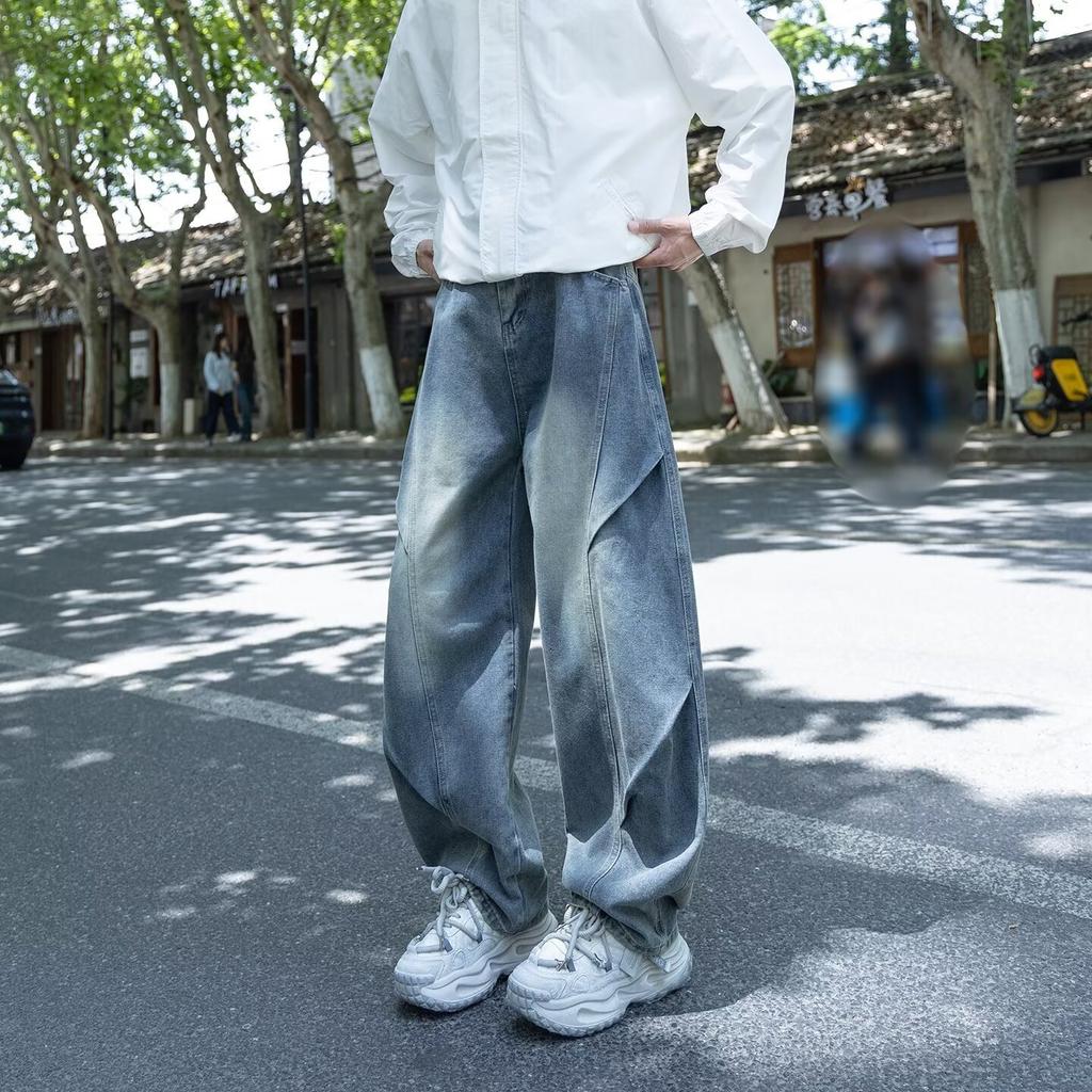 New retro washed old scimitar jeans men's loose straight casual wide-leg floor-mopping pants tide
