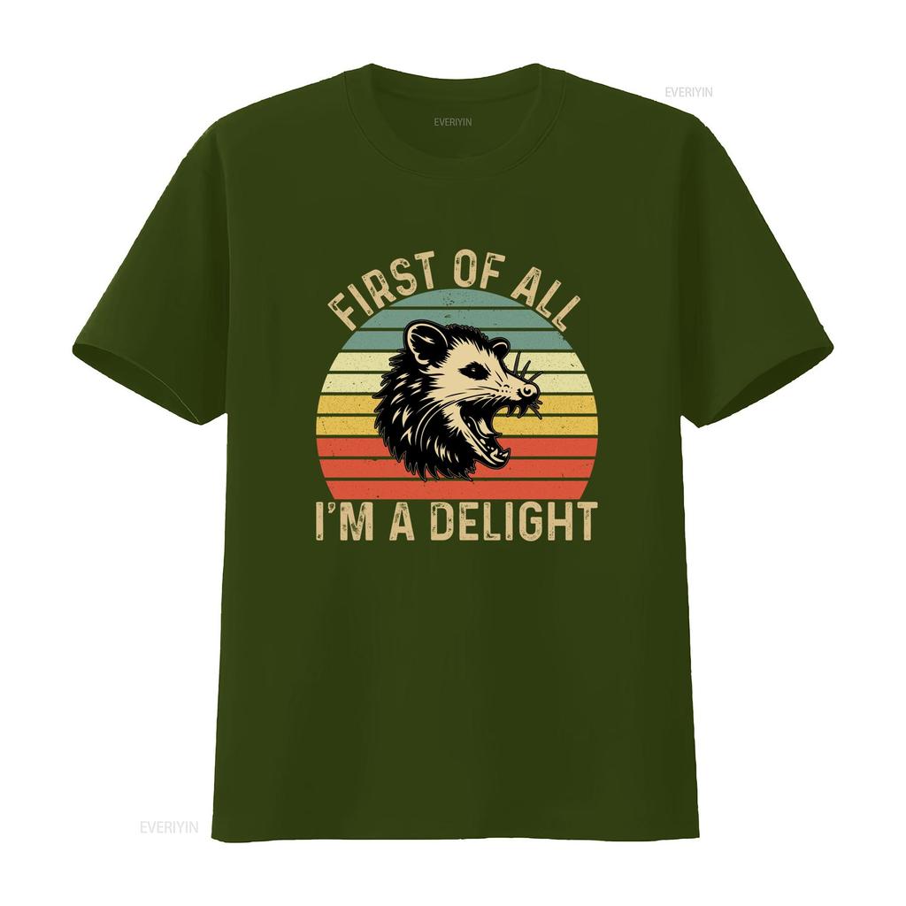 Retro Vintage Funny Opossum First Of All Im A Delight Slogan Sunset Print Casual T Shirt vintage Washed Slightly