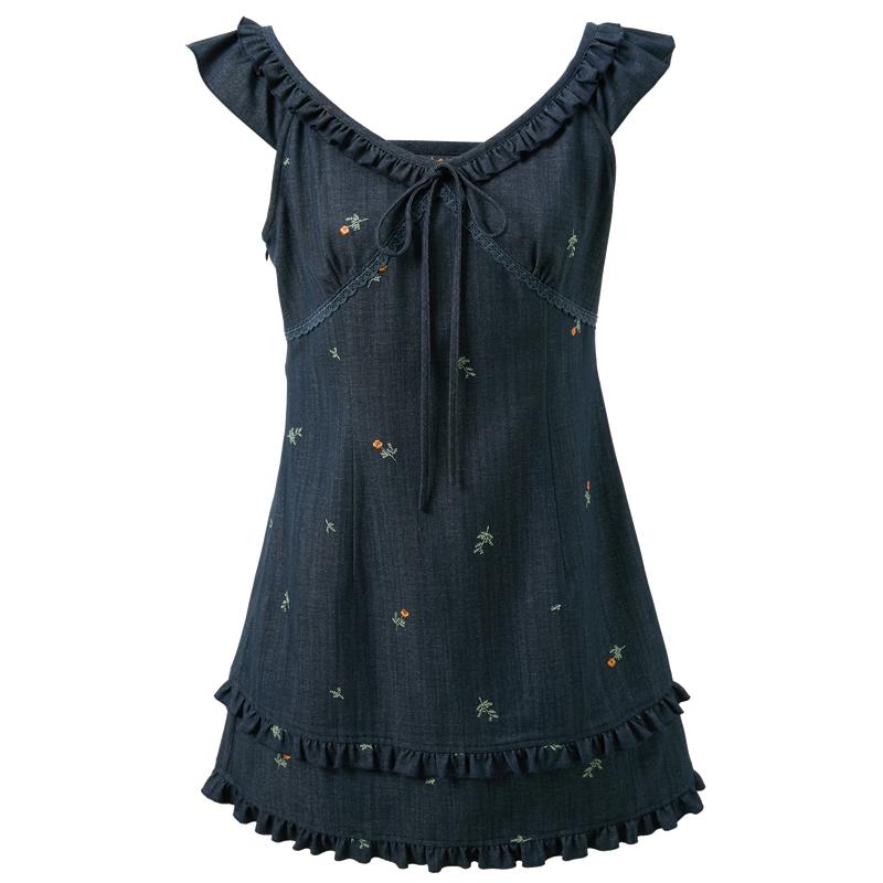 Sancai Ruffled Faux Denim A-Line Mini Dress M