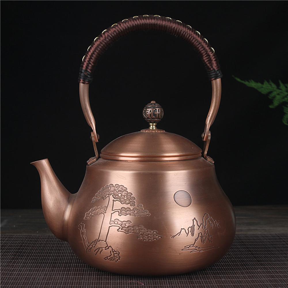 Chinese handmade copper pot, Household thickened red copper teapot, Large capacity boiling water kettle, Health tea kettle, 1.6L