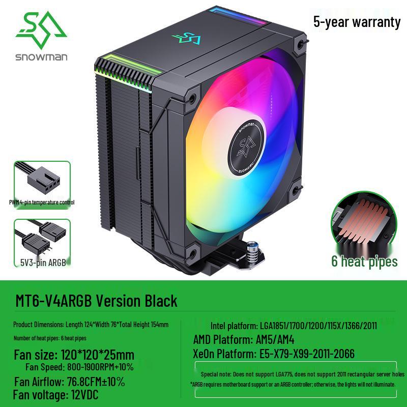 SNOWMAN Ice Man MT6 CPU Cooler: Single Tower with 6 Heat Pipes, Digital Display, ARGB Air Cooling, Compatible with AM5/1700 Platforms.