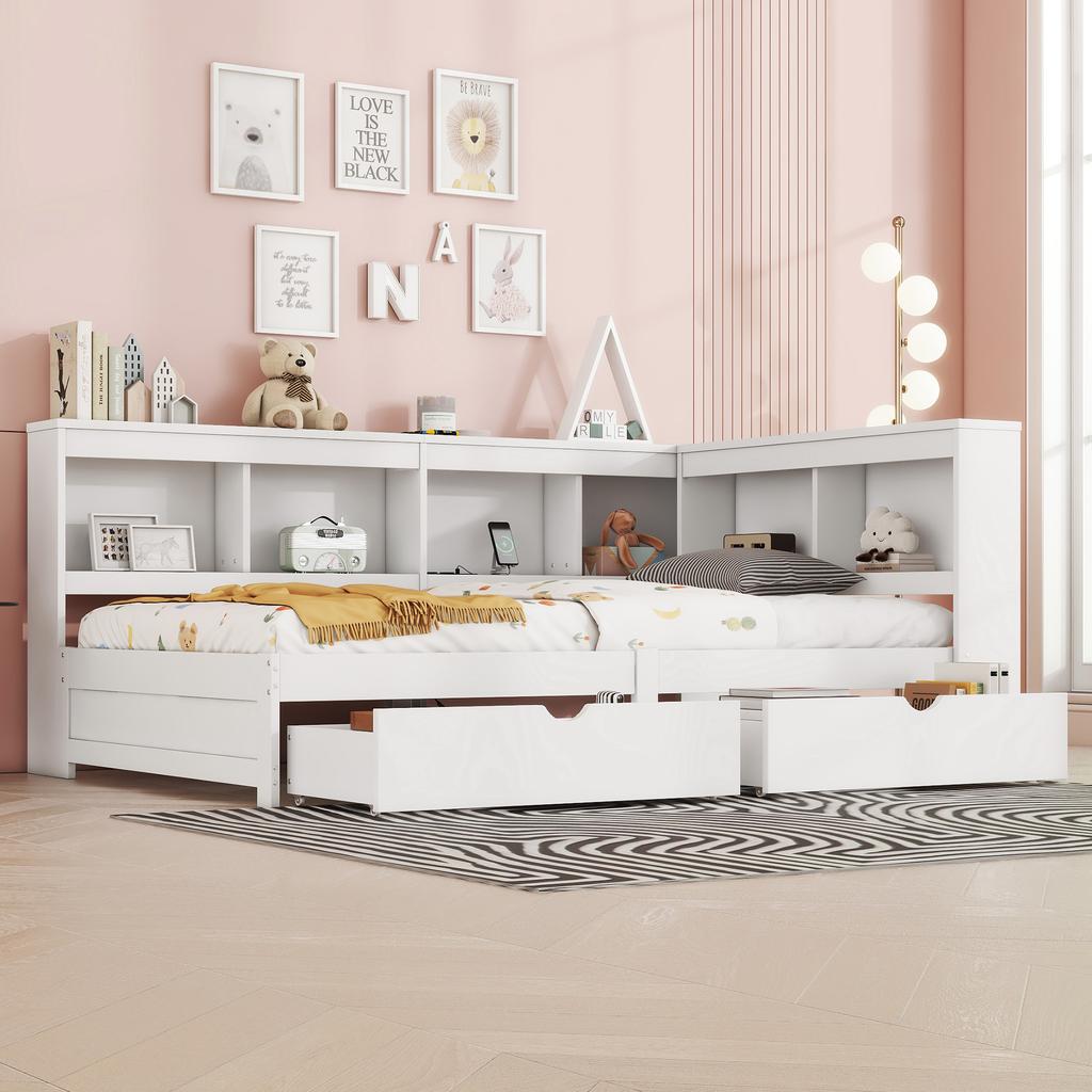 Daybed, 90 x 200 cm, Sofa Bed, Day Bed with Two Drawers, with Socket and 2 USB Ports, Bed with Slatted Frame (without Mattress), Chipboard, White