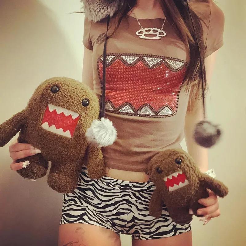 2KWEIRD Letní Nové Dámské Y2K Dívka Retro Hot Fix Aplikace Kamínků Kulatý Výstřih Top Tričko Vtipné Vintage Tama Jun Top
