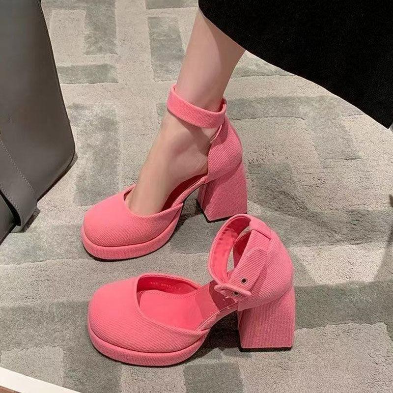 Small high heel thick heel Mary Jane shoes women's waterproof table hollow bag head sandals spring new pink