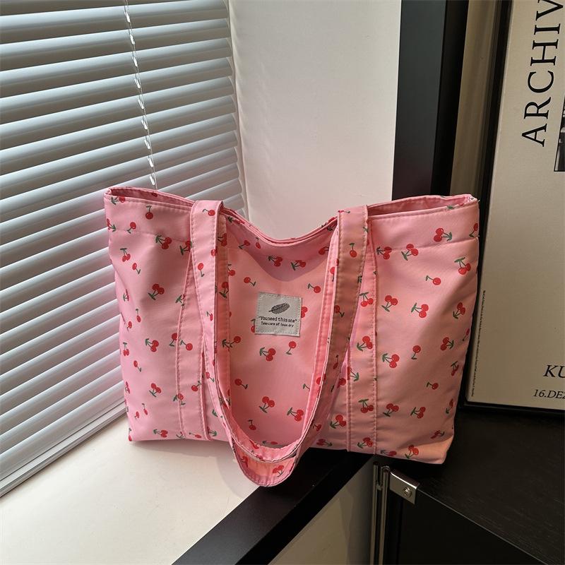 Stylish Cherry Print Tote Bag - Large Capacity Floral Shoulder Bag for Women, Summer 2025 Collection