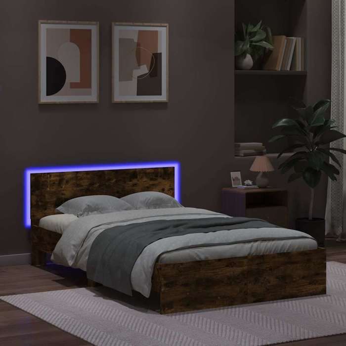 VidaXL Bed Frame with Headboard and LED Smoked Oak 120x190 Cm 3207641