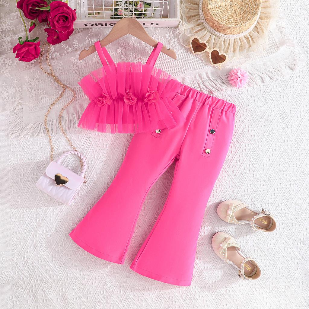 Girls' Fashion Set: Summer Children's Solid-Color Tank Top with Tulle + Flared Pants Set