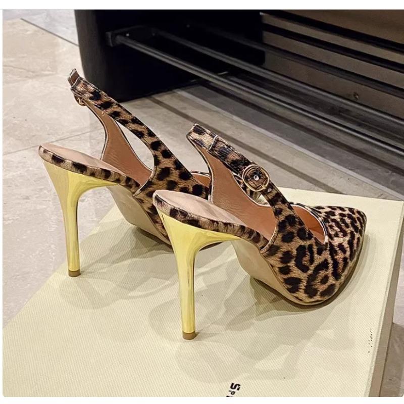 Fashion 2025 Women's Temperament Leopard Print Toe Cap Sandals Women's Shoes Summer French Slim Heels High Heels Pointed Shoes