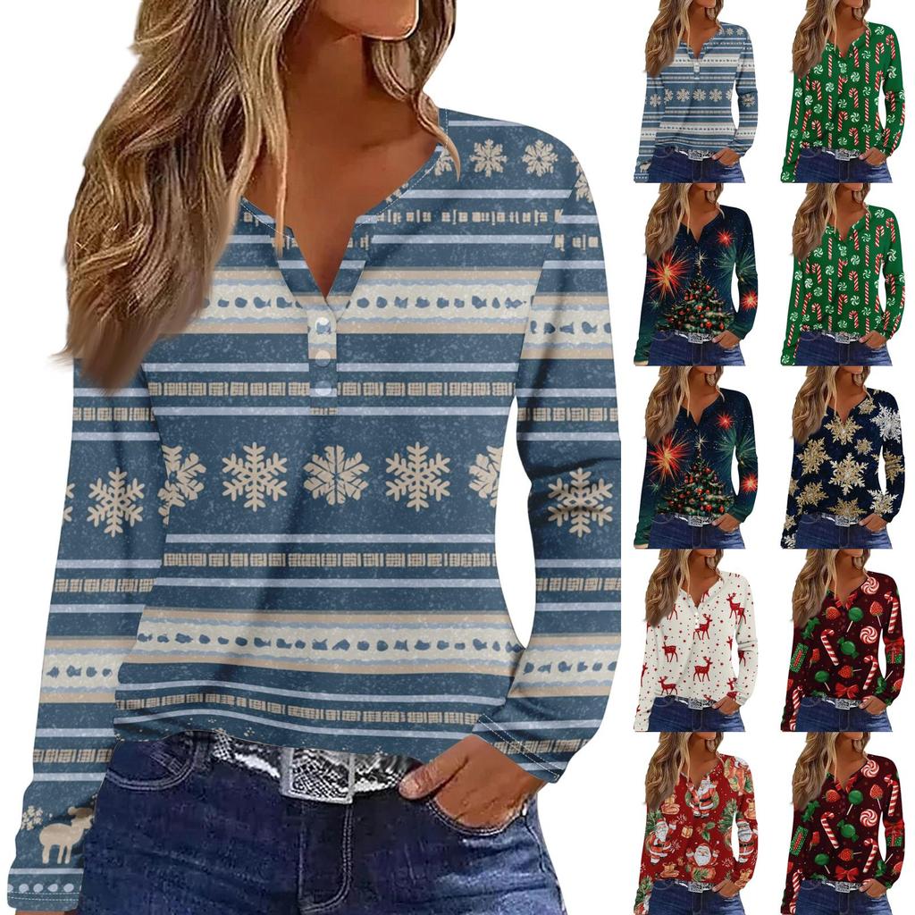 Women's Long Sleeve Christmas Print V-Neck T-Shirt with Button
