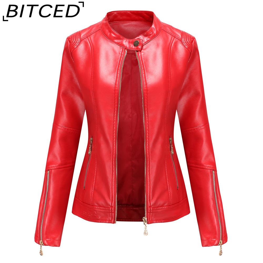 BITCED Fashion Women's PU Leather Short Jacket with Stand Collar Lightweight Spring/Autumn Leather Jacket