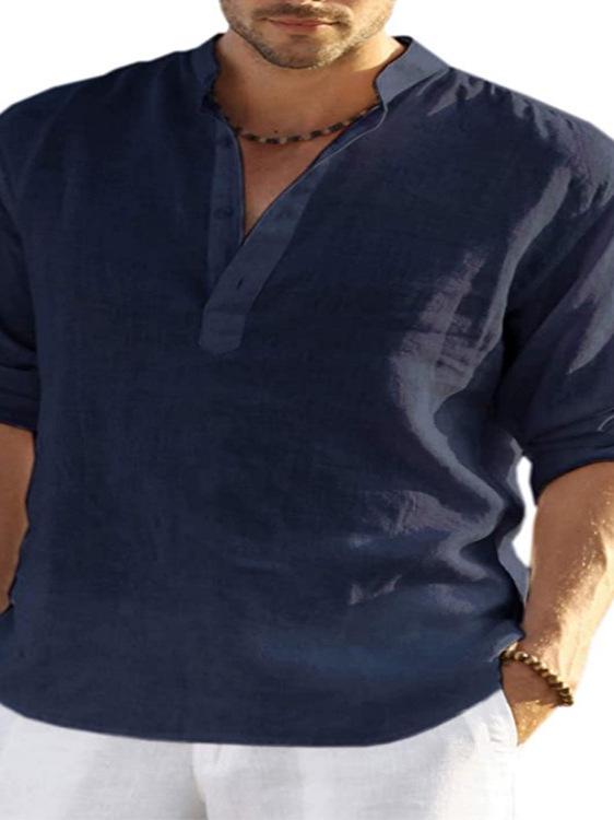 Men's Plus Size Long-Sleeved Linen-Cotton Shirt - Solid Color, Loose Fit