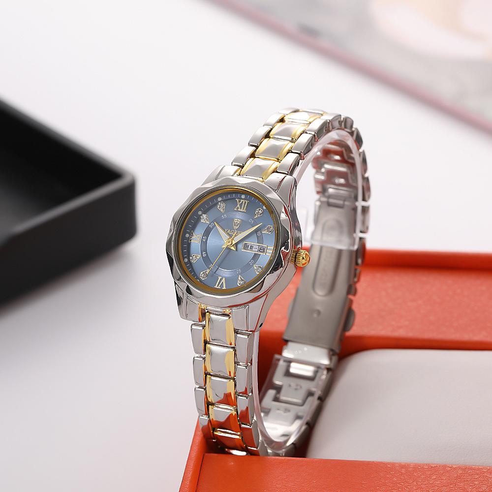 New Light Luxury Diamond Quartz Couples' Watch with Alloy Steel Band and Dual Calendar