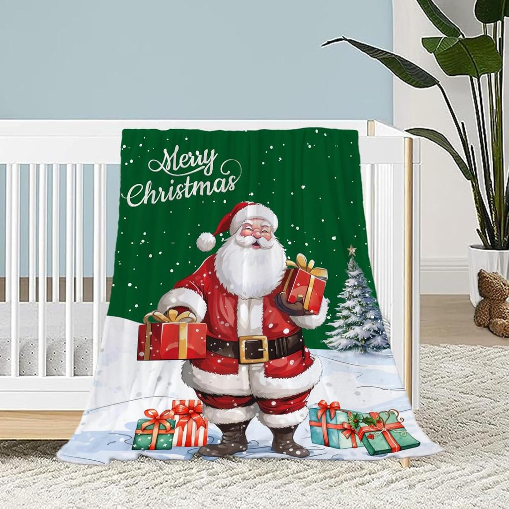Decorative Large Throw Blanket Green Santa Claus Blanket Xmas Holiday Blanket for Couch Sofa Bed Soft Cozy Lightweight Fuzzy