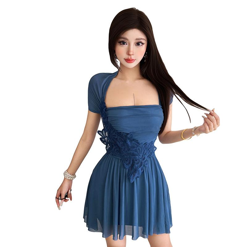 European and American style 2026 summer new women's clothing irregular perspective mesh lace splicing suspender dress women
