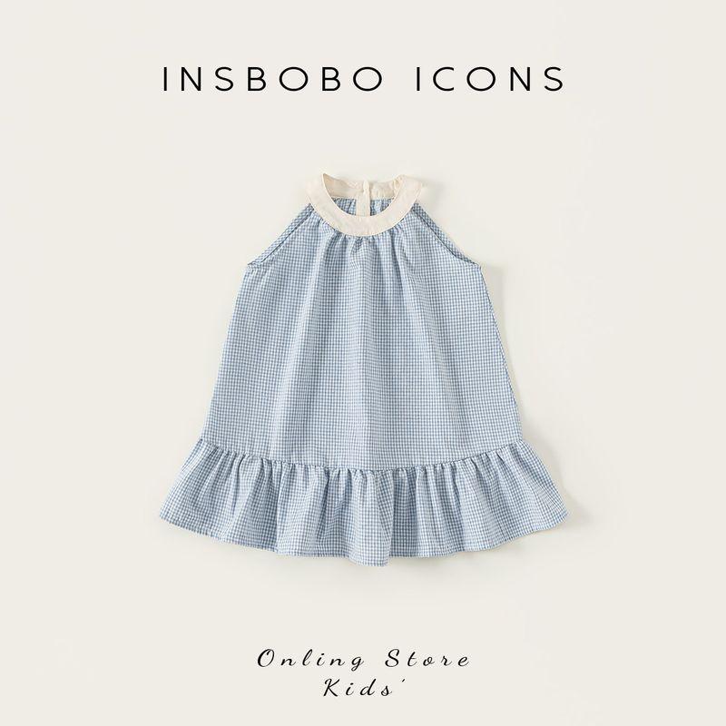 Girls Dresses, Baby Skirts, Summer New Princess Dresses, Children s Beach Clothes, Girls Summer Clothes, Spring Children s Clothing Blue and White Grid 90