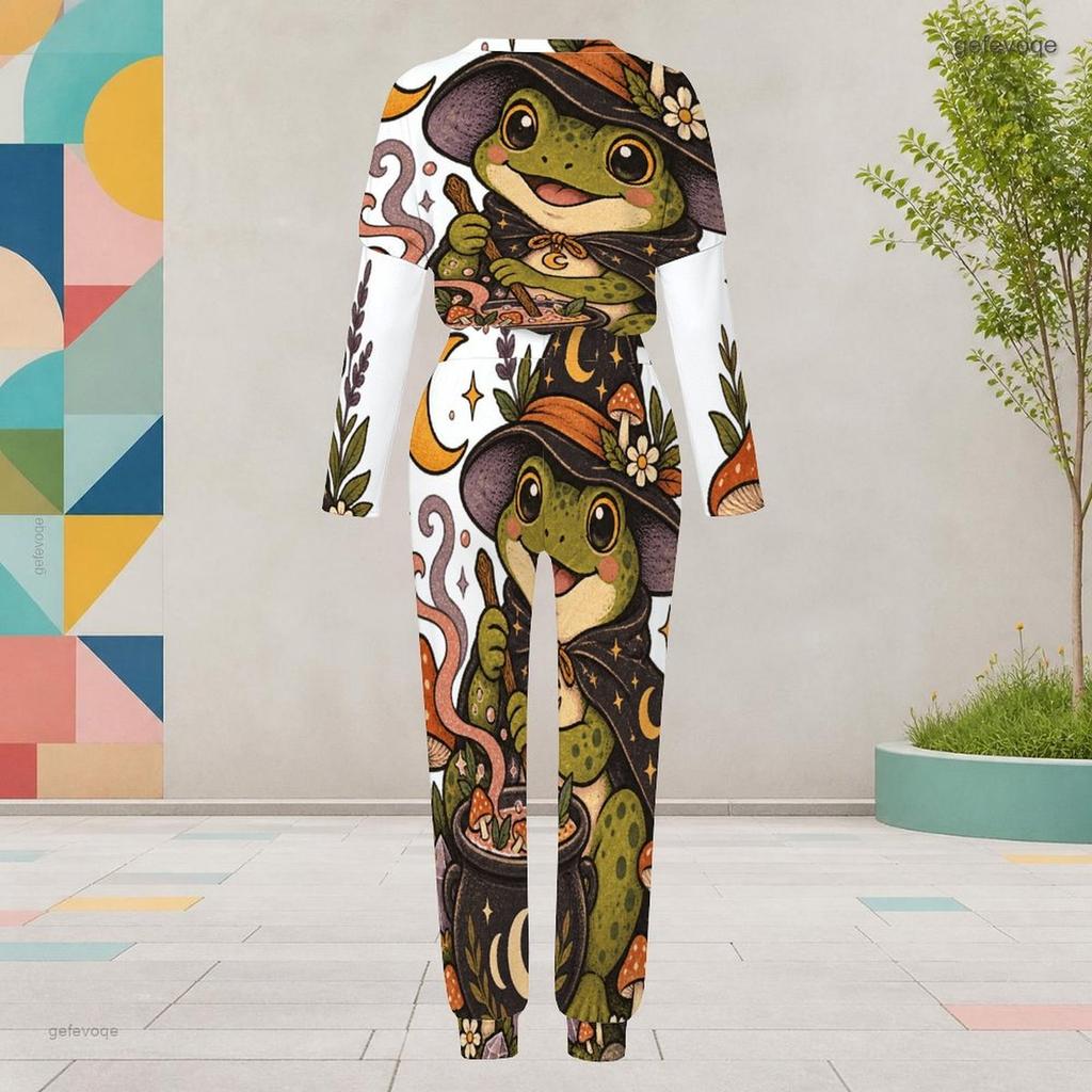 Women Plus Size Round Neck Long Sleeve Dachshund Halloween Printed Cuffed Two Piece Pants Set With Pockets