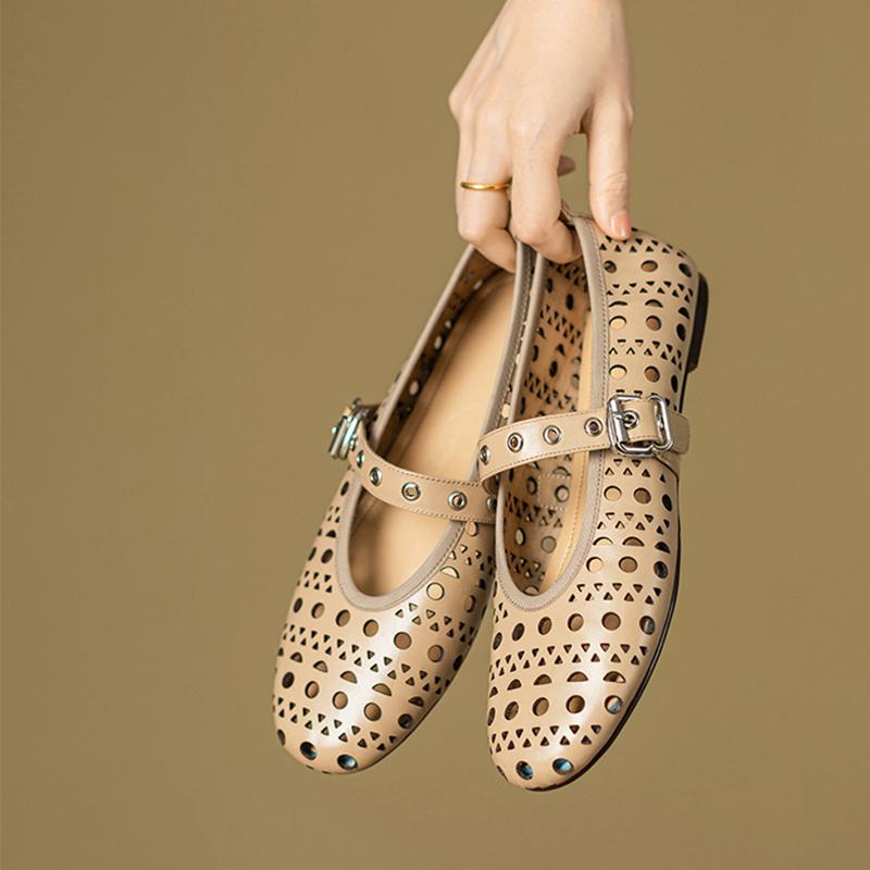 2024 New Spring Summer Women Flats Concise Retro Buckle Strap Genuine Leather Mary Janes Hollow Out Casual Working Shoes Woman
