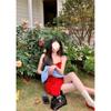 Vintage Spice Girl Folded Red Suspender Dress Women's Summer Vacation Style Slim Fit Waist A-shaped Dress Short Skirt