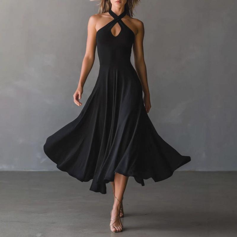 Elegant Vintage Black Lock Hole Backless Halter Aline Long Dress For Summer 2026