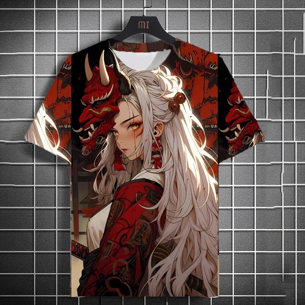 Men's Versatile 3D Printed T-shirt Japanese Samurai Sword Girl Anime Personality Short Sleeved Trendy Top