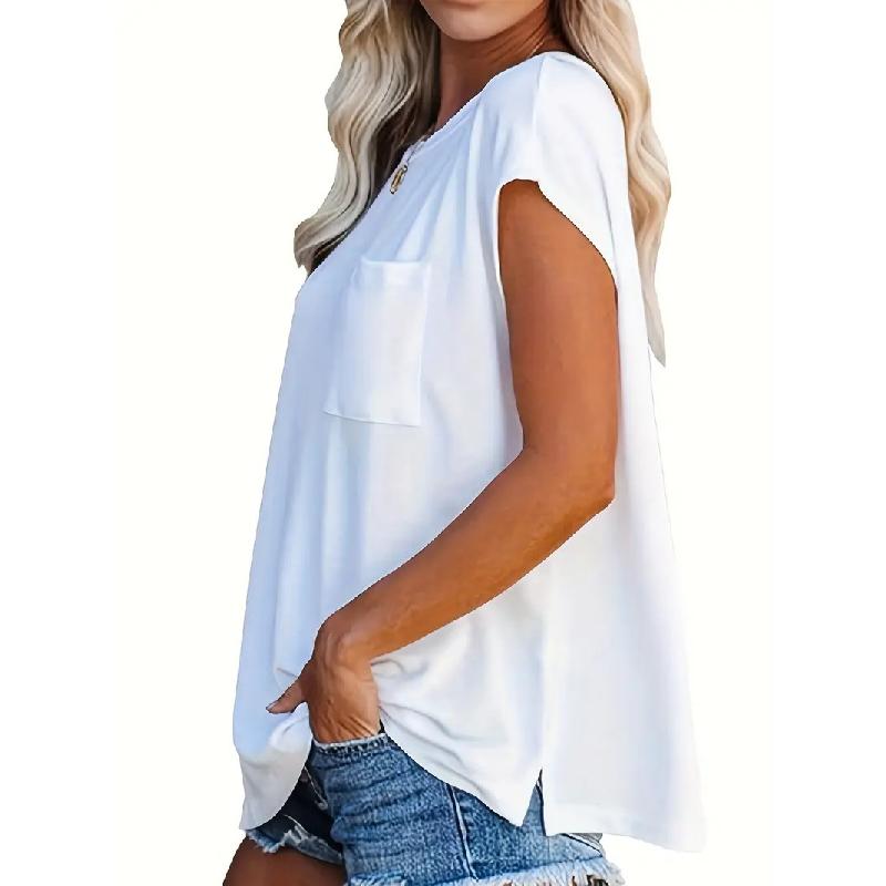 2026 Summer New Women's Solid Color Round Neck Pocket T-Shirt, Loose Casual Side Slit Short Sleeve
