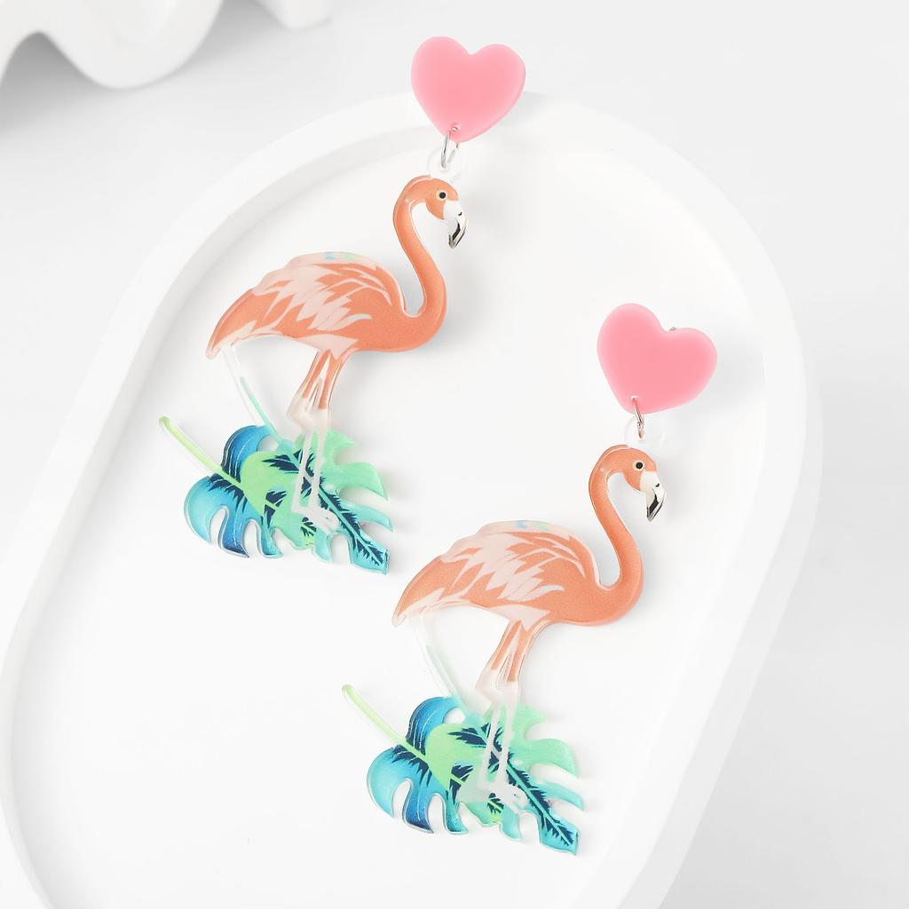 Environmentally Friendly Acrylic Earrings, Fashionable Cartoon Flamingo Love Earrings, Stud Earrings For Women