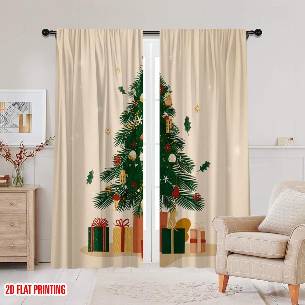 2 Stück, 2D-Flachdruck Vorhänge&Fensterdekoration Weihnachtsbaum_ Geschenkbox_ Schneeflocke Vielseitiger Stoff (ohne Stange) Art Deco