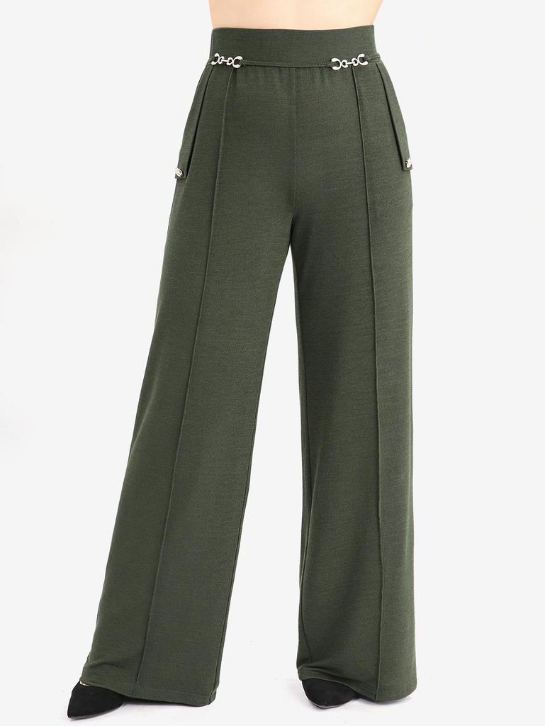 Rosegal Plus Size Pintuck Buckles Waist Pockets Buttons Wide Leg Pants