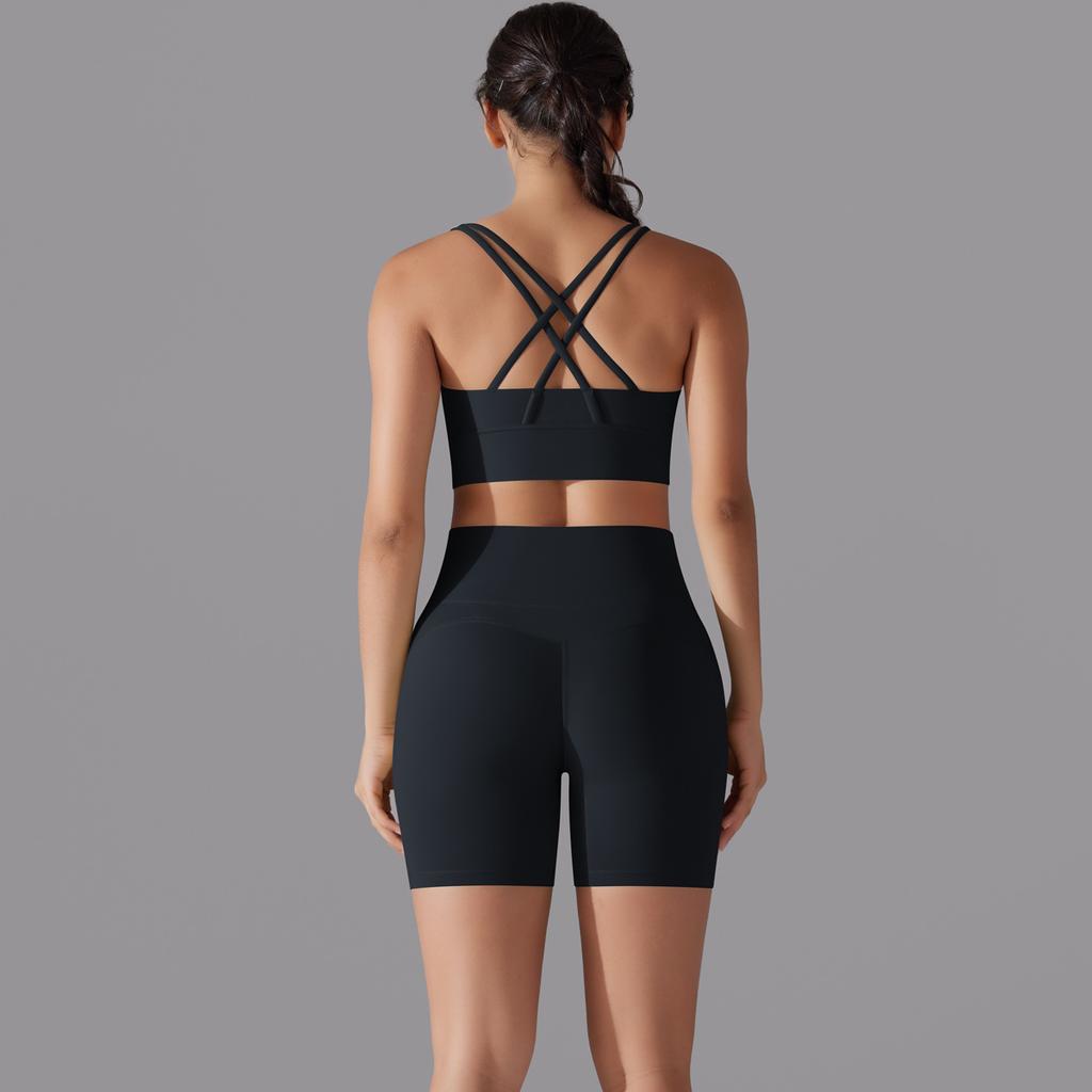 Nessaj Women Black Corss Bra Sport Set Beauty Back Bra Short Pants Gym Yoga Sportswear 2 Piece Workout Sets