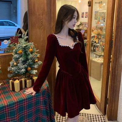 Large Size Red Dress French Retro Velvet Dress Women's Autumn and Winter Fat Mm Waist Temperament Thousand Gold Feeling Small Black Dress