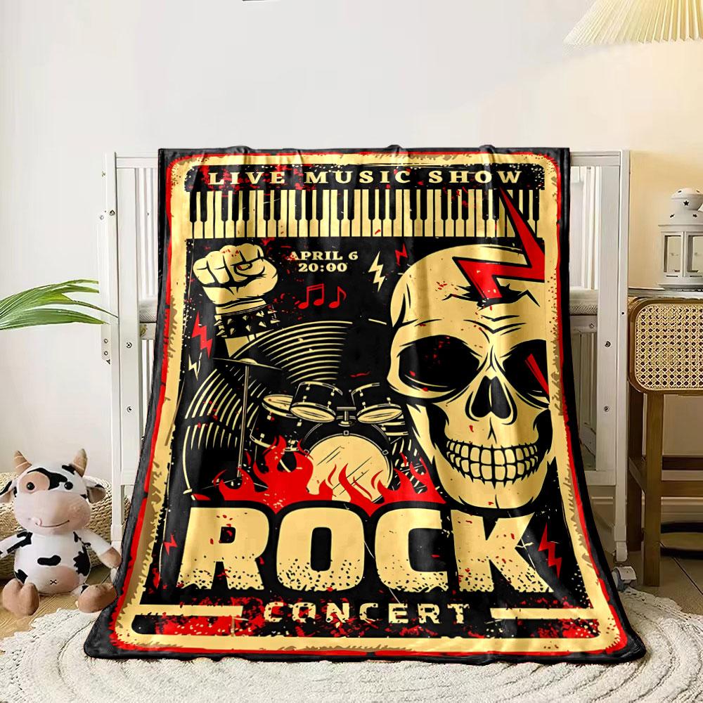 

A rock concert poster with bold skull, flames, and musical motifs. for all seasons blanket lunch break throw gift 80cm x 120cm