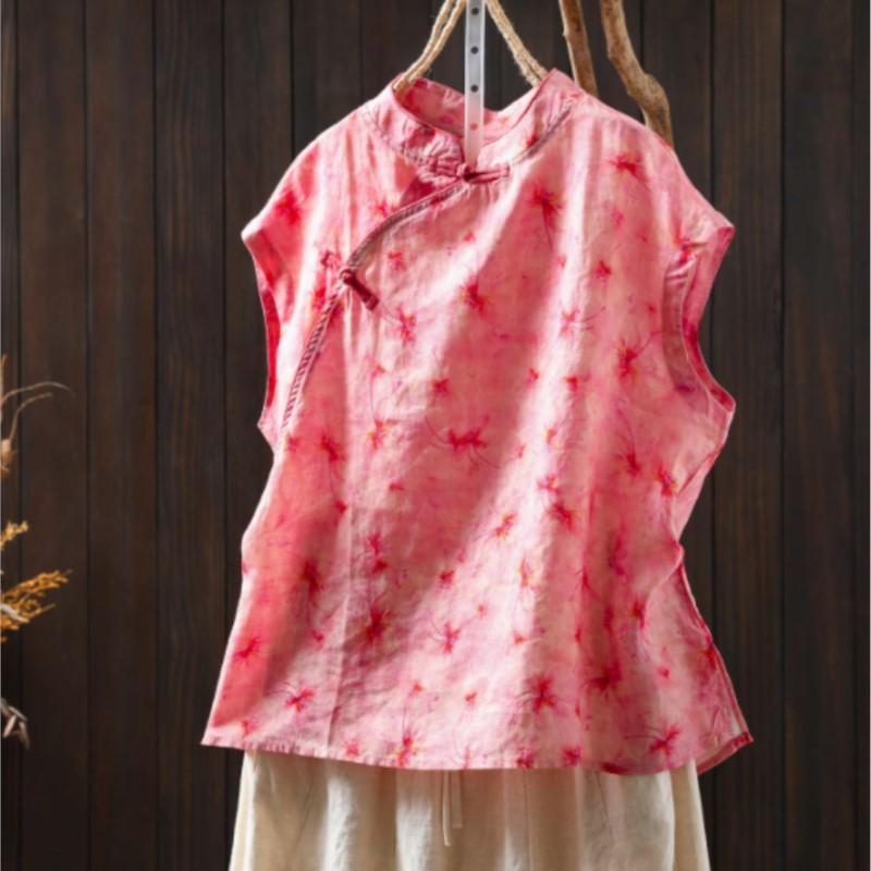 Johnature Women Chinese Style Print Floral Shirts Stand Sleeveless Button Summer Blouses Vintage Female Shirts