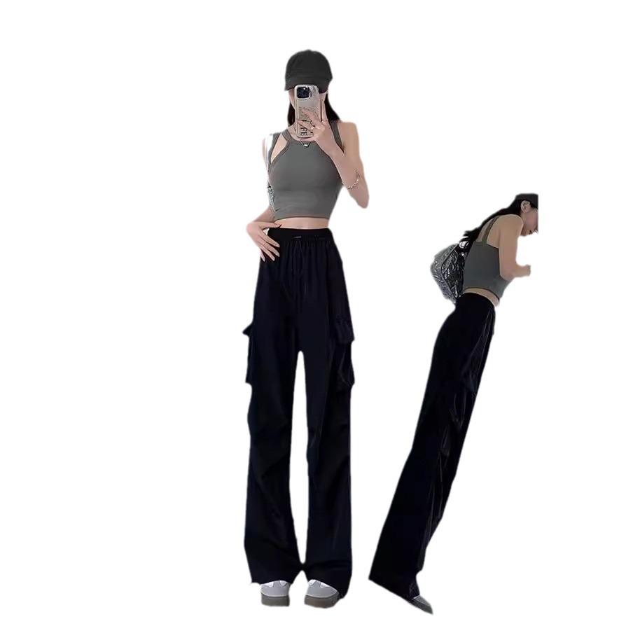Women's Petite Black Quick-Dry Straight-Leg Wide-Leg Casual Summer Sports Pants 2024