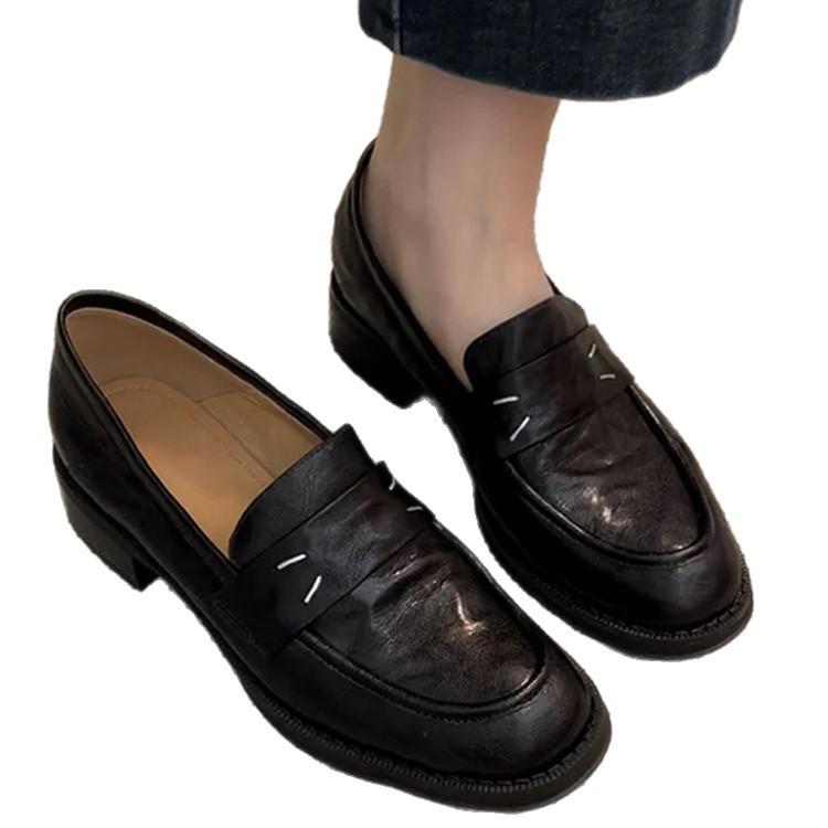 Sheepskin version~ retro leather round head thick heel one-pedal loafers women's British commuting versatile single shoes small leather shoes